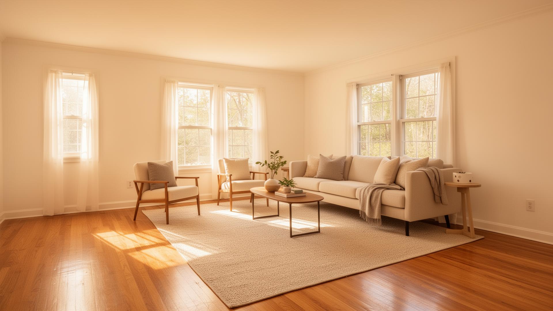 Bright move-in-ready living room interior with hardwood floors and natural light
