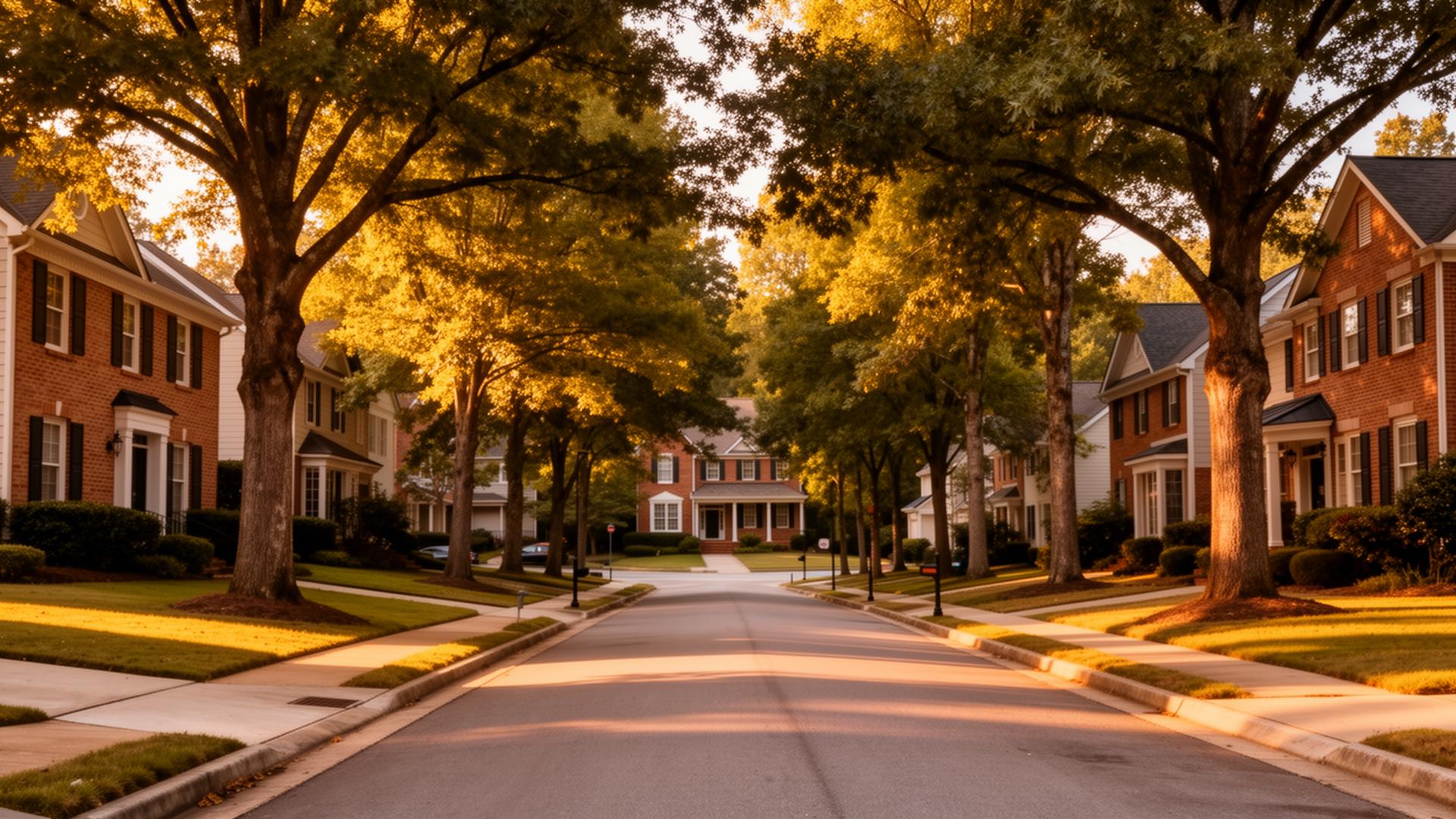 Tree-lined Greater Atlanta residential street at golden hour